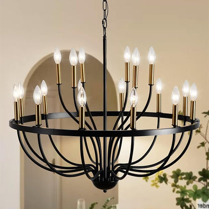 Modern Farmhouse Chandelier for Dining Room 18 Lights,Black and Gold Chandelier Light Fixture,Adjustable Height Hanging Candle Pendant Lighting for Kitchen Island (Black&Gold 18-Lights)