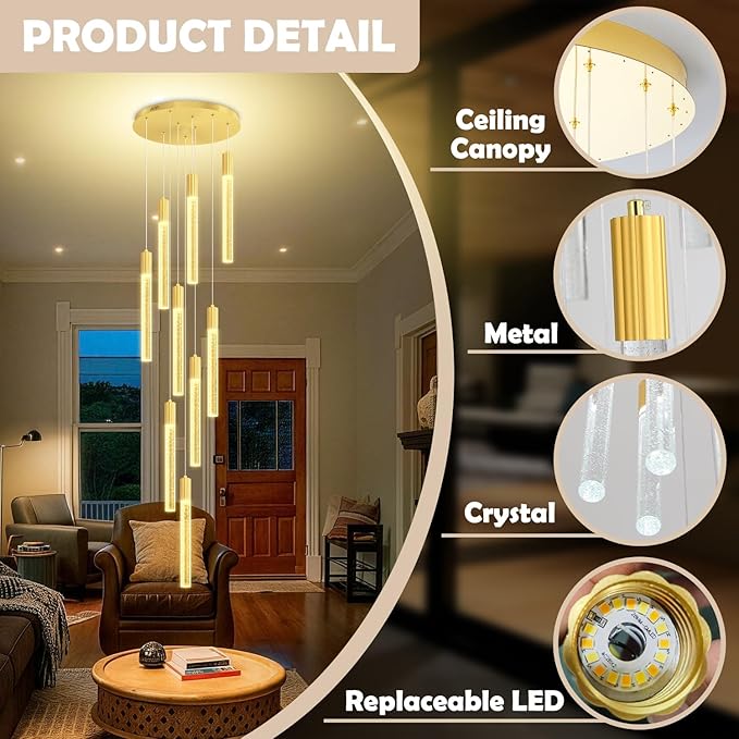 Modern 9-Light Crystal Chandelier – 98" High Ceiling Design Gold Dimmable LED Pendant Light for Foyer Living Room Hallway Staircase