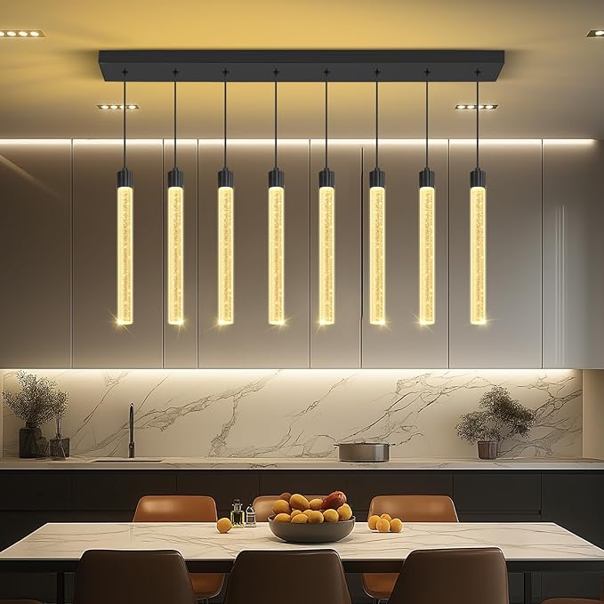 Modern Rectangular Crystal Chandelier LED Dimmable Crystal Column Chandelier Living Room Crystals Pendant Light for Dining Room Adjustable Height 8-Light Black
