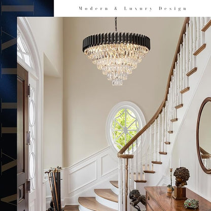 AXILIXI Black and Gold Crystal Chandeliers 30” Modern Dining Room Chandelier Round 6 Tiers K9 Crystal Large Pendant Light Fixtures for Entryway Foyer Stairwell Living Room