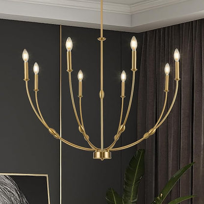 8-Light Candle Chandeliers, 35 Inch Brushed Gold Dining Room Light Fixture, Modern High Ceiling Chandeliers for Living Room, Entryway, Foyer