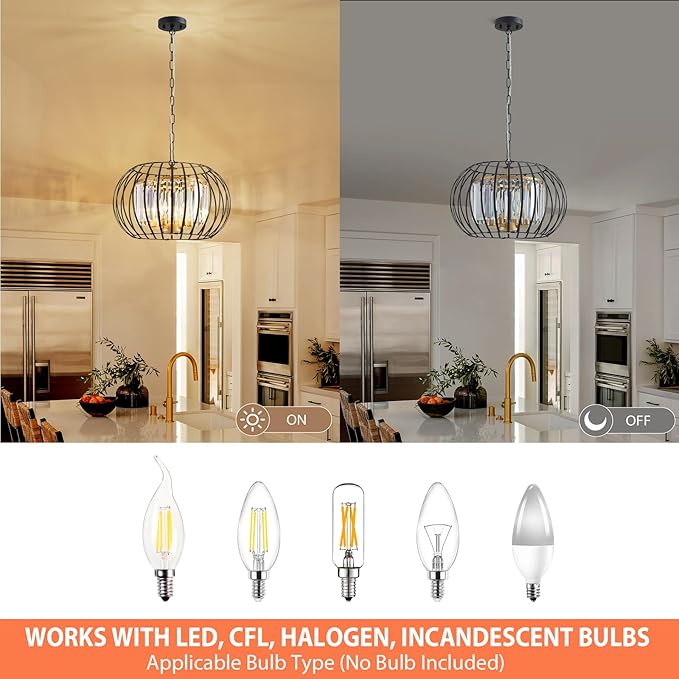 17.7" Modern Crystal Chandelier Black and Gold Drum Pendant Lighting Fixture Round Rustic Metal Shade 4-Light for Dining Room Living Room Bedroom Hallway