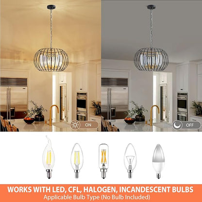 17.7" Modern Crystal Chandelier Black and Gold Drum Pendant Lighting Fixture Round Rustic Metal Shade 4-Light for Dining Room Living Room Bedroom Hallway