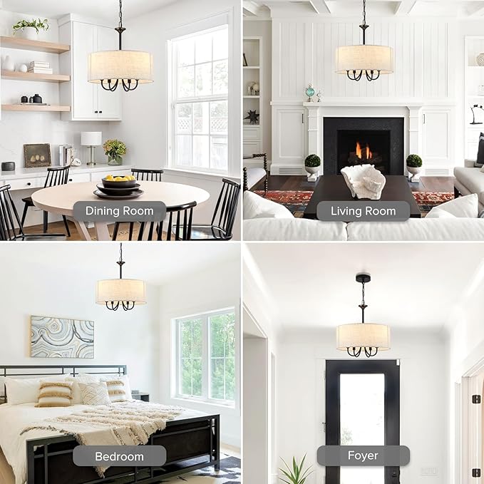 Drum Chandelier for Dining Room, 4-Light Modern Farmhouse Black Chandelier with Linen Drum Shade, 16" Hanging Pendant Ceiling Light Fixture for Kitchen Island Bedroom Living Room