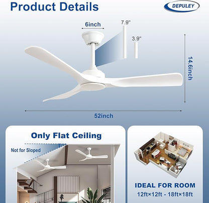 Depuley Ceiling Fan Without Light: 52 Inch 3 Blade Outdoor Fans for Patios - White Ceiling Fan No Light Indoor Remote Control Ultra Quiet DC Motor Reversible 6 Speed Timer