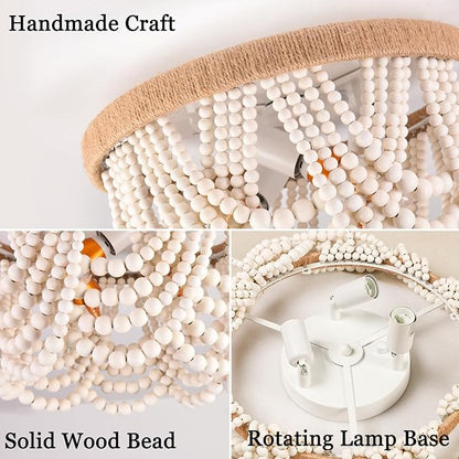 Capslpad Wood Beaded Flush Mount Ceiling Light Antique Rustic Mini Chandelier 3-Light White Boho Light Fixture for Dining Room,Nursery Room,Bedroom,Girl Room,Hallway,Entryway,Passway