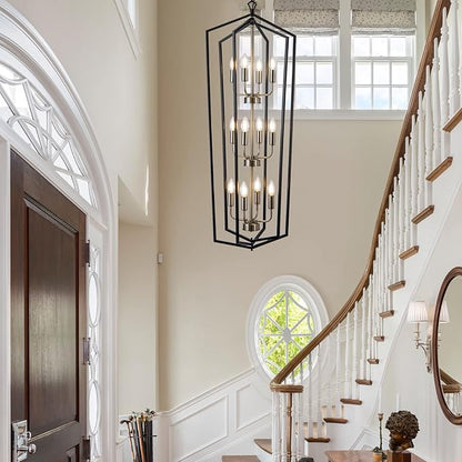 Lanhall 12-Light Lantern Tired Foyer Entryway Hanging Lights Farmhouse High Ceiling Pendant Lights Industrial Chandelier for Hall Foyer Entryway Living Room-Brushed Nickel
