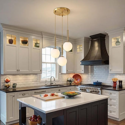 KCO Lighting 3-Lighs Cluster Pendant Lighting Mid Century Gold Globe Pendant Light Large Milk White Glass Chandelier Modern Kitchen Pendant Lighting for Living Room Dining Room