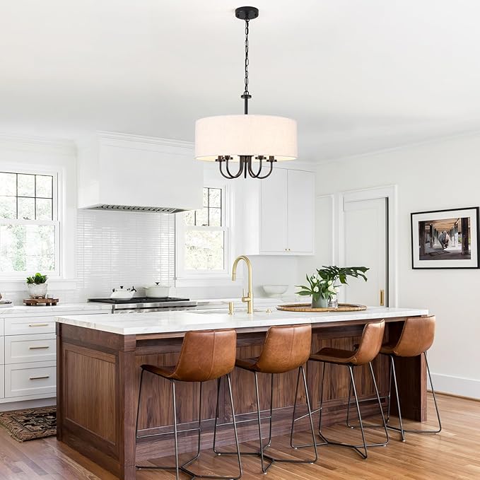 5 Lights Drum Chandelier for Dining Room 19" Modern Farmhouse Black Chandeliers with Shades Round Pendant Light Fixtures Linen Hanging Chandeliers for Bedroom Living Room Kitchen Over Table Foyer