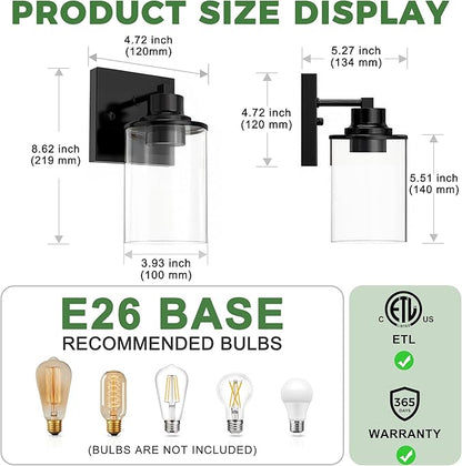 DORESshop Wall Sconces Set of 2 for Bathroom, Modern Vanity Light Fixtures with Clear Glass Shade, Black Wall Mount Lighting Lanterns for Bedroom Living Room Mirror Hallway Kitchen