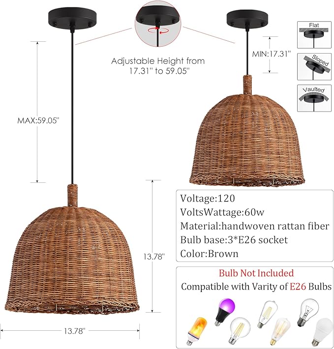 HUEHENGHAO 3-Light Dark Brown Rattan Pendant Light, 13.78" Basket Chandelier Farmhouse Wicker Pendant Light, Basket Wicker Chandelier for Dining Room Kitchen Island Living Room Famhouse