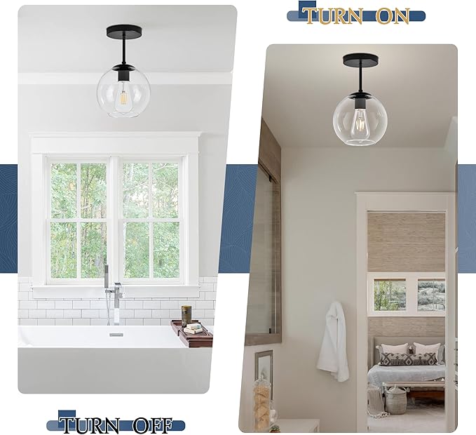 Bagood Black Semi Flush Mount Ceiling Light Fixture with Clear Glass Light Fixture Mid Century Light Fixtures Black Semi Flush Ceiling Light Fixtures for Dining Room Kitchen (Bulb Included)
