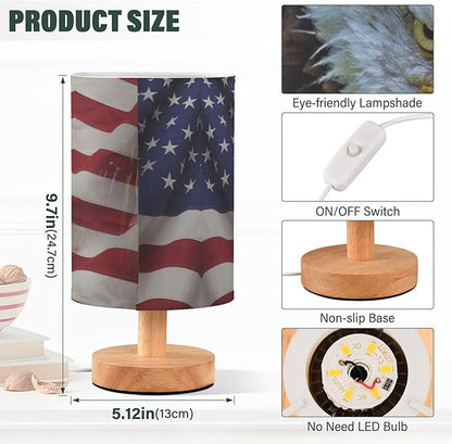 Table Lamp American Bald Eagle on USA Flag Nightstand Lamp with Wood Base Fabric Lamp Shade Bedside Desk Lamp for Living Room Bedroom Kids Room Office