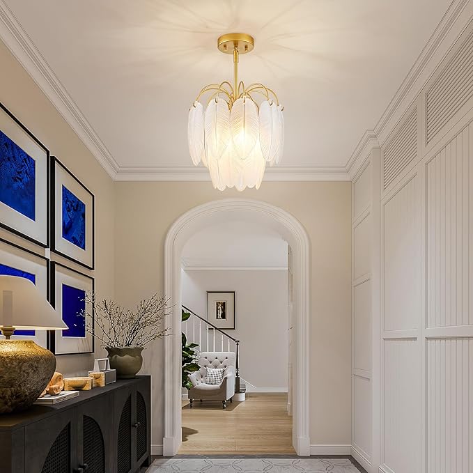LumFurn D12inch 3-Light Glass Chandeliers, Modern 2-Tier Pendant Light Fixture for Dining Room, Living Room, D12x18~47Inch Adjustable Height, White Frosted Glass Feather Shade & Gold Finish Frame