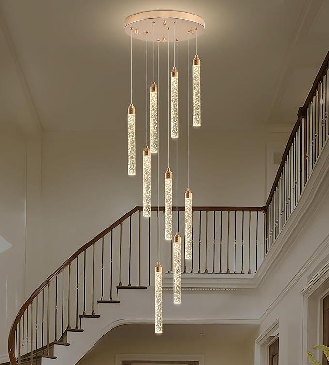 Crystal Staircase Chandelier, Modern Gold Spiral Dimmable LED Cluster Raindrop Foyer Chandelier Lighting, Bubble Living Room Hanging Light Fixture 9 Light Remote Control