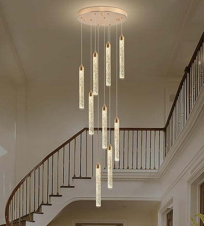 Crystal Staircase Chandelier, Modern Gold Spiral Dimmable LED Cluster Raindrop Foyer Chandelier Lighting, Bubble Living Room Hanging Light Fixture 9 Light Remote Control