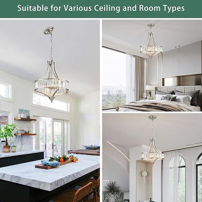 Modern Crystal Chandelier Brushed Nickel, Round Pendant Lighting Fixtures, 15.7" Height Adjustable Farmhouse Ceiling Light for Living Room, Kitchen Island, Dining Room