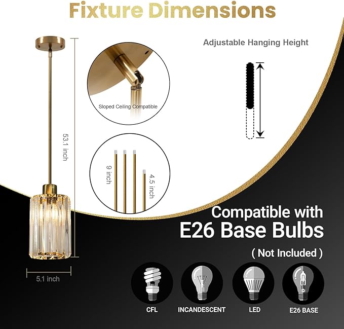 3-Pack Gold Crystal Pendant Lights for Kitchen Island, Adjustable Modern Hanging Light Fixtures for Flat or Sloped Ceiling, E26 Mini Pendant Lights with Crystal Glass Shade for Dining Room Bar