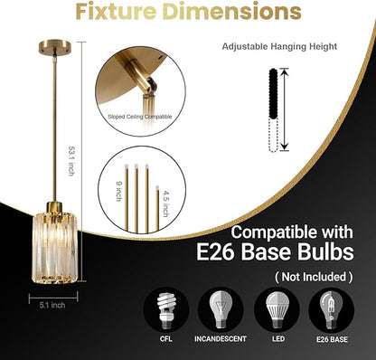 3-Pack Gold Crystal Pendant Lights for Kitchen Island, Adjustable Modern Hanging Light Fixtures for Flat or Sloped Ceiling, E26 Mini Pendant Lights with Crystal Glass Shade for Dining Room Bar