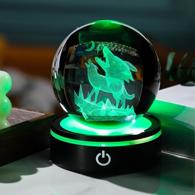 YWHL 3D Crystal Wolf Figurine Ball with Colorful Light Base, Laser Engraved Wolf Gifts for Women Men on Birthday Christmas, Glass Animal Collectible Sphere for Home Party Decor(80mm)