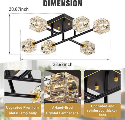 6-Light Modern Sputnik Ceiling Light Fixture，Crystal Semi Flush Mount Ceiling Light with K9 shade,Farmhouse Black and Gold Chandeliers for Dining Room,Bedroom,Living Room,Kitchen Island,Entryway