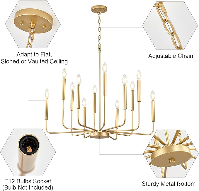 Modern Gold Chandelier for Dining Room,Metal 12-Light Kitchen Light Fixtures, Farmhouse Candle Hanging Pendant Light for Living Room Entryway Foyer Bedroom (Bulbs Not Included)