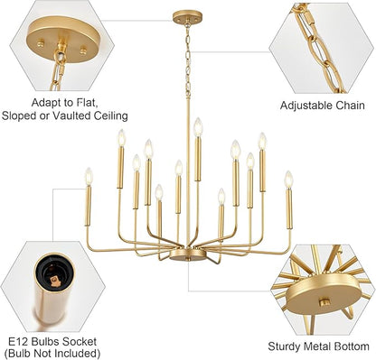 Modern Gold Chandelier for Dining Room,Metal 12-Light Kitchen Light Fixtures, Farmhouse Candle Hanging Pendant Light for Living Room Entryway Foyer Bedroom (Bulbs Not Included)