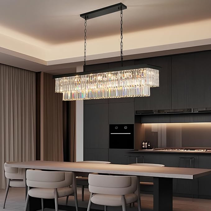 Weesalife Crystal Chandeliers for Dining Room Light Fixtures Over Table，18-Lights Black Modern Rectangle Chandeliers for Kitchen Island Bar L46 Inch