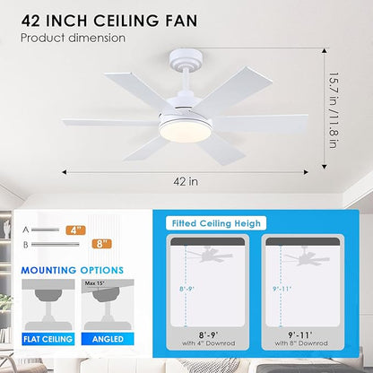 42 inch Ceiling Fans with Lights, Ceiling Fan with Remote APP, Dual-Sided Modern/Rustic 6 Blades, Reversible, 3CCT, Sloped Flush Mount Low Profile Ceiling Fan with Lights Bedroom Kitchen Indoor White