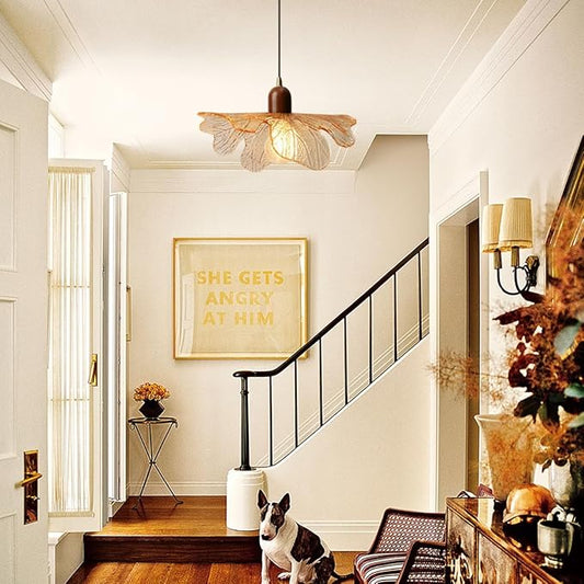 Vintage Glass Pendant Light Fixtures 2 Pack Modern Floral Chandelier with Hand-Blown Amber Glass Shade Natural Wood Grain Adjustable Hanging Light for Bedroom Entryway Dining Room