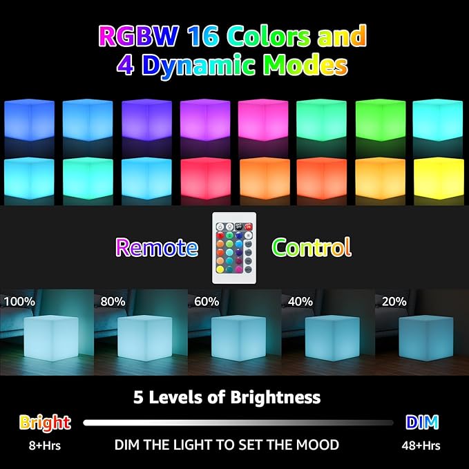 FUYO 12 inch LED Light Cube with Remote Waterproof Light Up Cube Chair, 16 RGB Colors LED Table for Kids Night Light, Glow Cube for Indoor Outdoor Home Patio Party (White-12 inch)