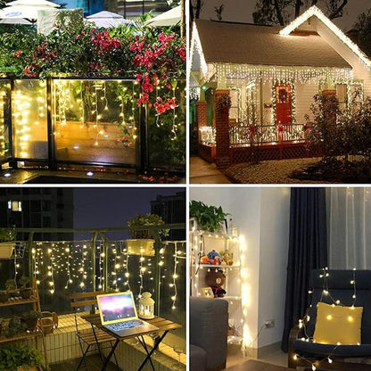LED Ceiling Icicle Lights, 16.4FT 216 LEDs 8 Modes Twinkle Christmas Hanging Fairy String Curtain Lights for Parties Mall Patio Yard Indoor Outdoor Decoration Warm White, 5M