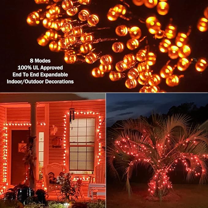 Orange Lights Halloween - 320 LEDs 35m/115ft 8 Modes Memory Function End-to-End Plug in Outdoor/Indoor Waterproof Fairy Twinkle Tree Fall String Lights for Autumn/Thanksgiving/All Saints' Day/Yard