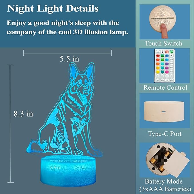 German Shepherd Dog Night Light, 16 Colors Changing, Remote Control with Timer, RGB Flashing Mode and Dimmable, Dog Lamp for Christmas Birthday Decor