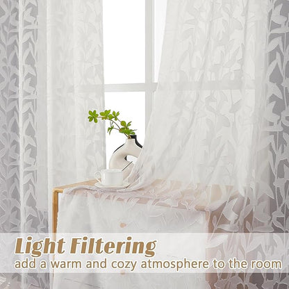 Gwine Ivory Sheer Curtains 30 Inch Length, Light Filtering Leaf Clip Jacquard Textured Short Cafe Curtains, Rod Pocket Half Window Curtain for Bathroom Basement RV Camper, 42x30 Inch, 2PCS