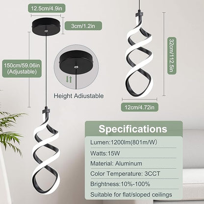 EIDISUNY 3 Pack Pendant Light Fixture, 15W Black Spiral Led Chandelier Hanging Lamp, 3000K-6000K, Dimmable Pendant Lamp, Adjustable Height Pendant Light for Kitchen Island Dining Room Bedroom Cafe