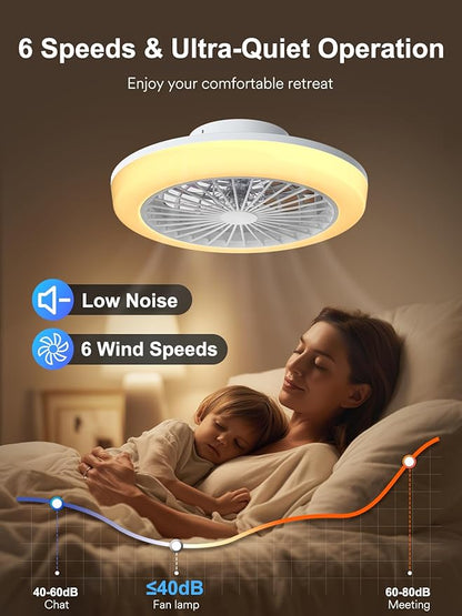 ANGELHALO Bladeless Ceiling Fan with Light,18 Inch Low Profile RGB Ceiling Fan with 2800 Lumens, Flush Mount Small Ceiling Fan for 6 Speed Quiet DC Motor for Kids Bedroom, Remote & App Control