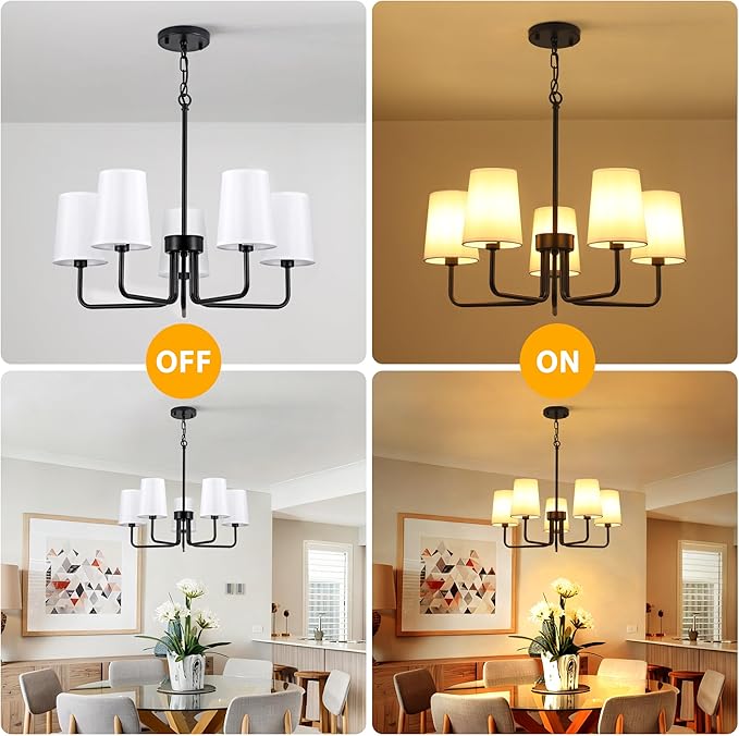 5-Light Farmhouse Chandelier, 25''Matte Black Linear Pendant Light with White Linen Shades, Adjustable Hanging Island Lighting for Kitchen, Dining Room, Foyer