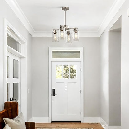 4-Light Brushed Nickel Dining Room Light Fixture, Modern Industrial Kitchen Chandelier Over Table, Adjustable Height Hanging Pendant Light for Kitchen Island, Entryway with Clear Glass Shade