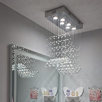 Modern Wave Chandelier, Rectangular Crystal Raindrop Chandelier Flush Mount Pendant Lighting Chrome Ceiling Light Fixture for Dining, Living Room, Kitchen Island, Bedroom of CRYSTOP