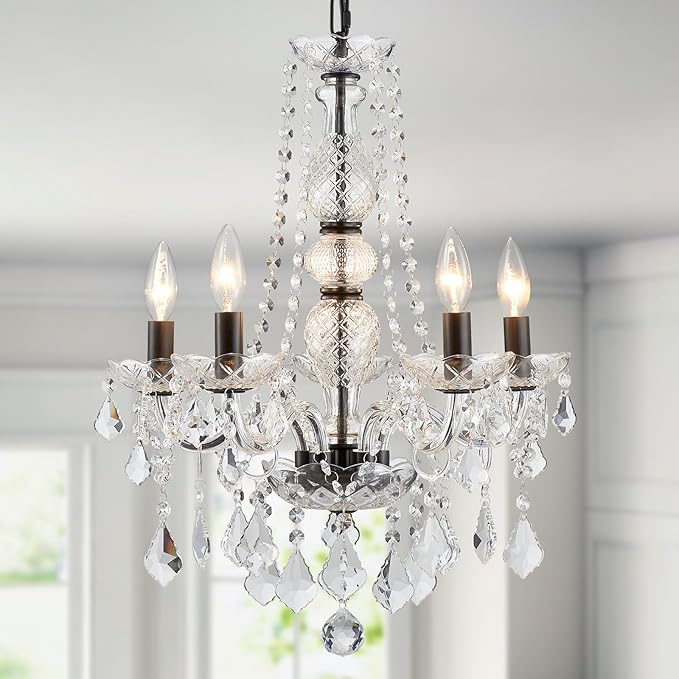 WUZUPS Crystal 5-Light Candle Chandelier Pendant Flushmount Ceiling Light Modern Lighting Fixture for Bedroom Hallway Bar Kitchen Bathroom, H 25" x W 20", Black, E12 Base