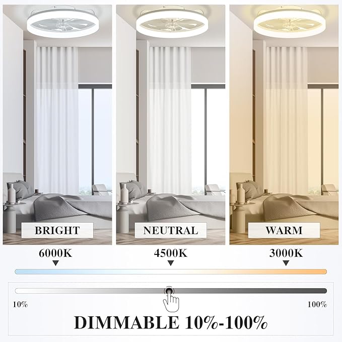 Ceiling Fans with Lights and Remote Fandelier - White 20'' Flush Mount Low Profile Modern Ceiling Fans for Bedroom - Stepless Color Temperature and 6 Speeds, White