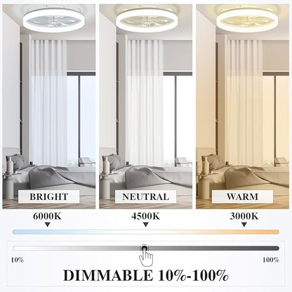 Ceiling Fans with Lights and Remote Fandelier - White 20'' Flush Mount Low Profile Modern Ceiling Fans for Bedroom - Stepless Color Temperature and 6 Speeds, White