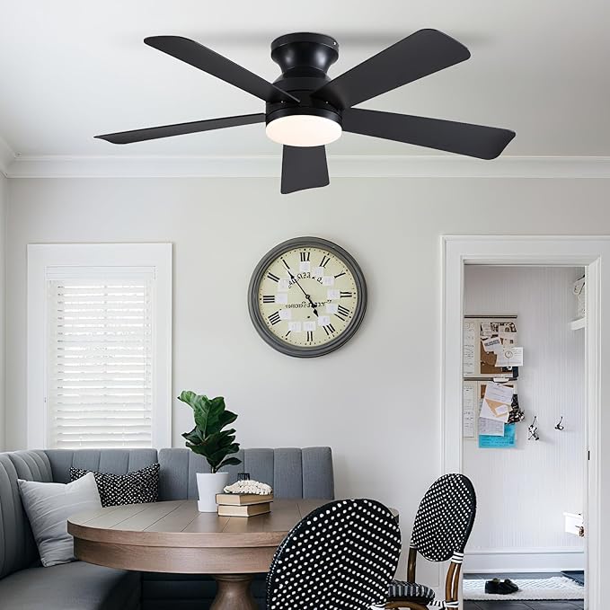46 inch Ceiling Fans with Lights, Black Flush Mount Ceiling Fan with Remote, 3CCT, LED Dimmable, Reversible, 6 Fan Speeds, Quite Low Profile Ceiling Fan with Lights Modern Bedroom Kitchen Indoor