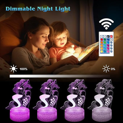 Mermaid Night Light Gifts for Girls, 3D Illusion 16 Color Change Decor Bedside Lamp with Remote and Smart Touch, Gifts for Christmas Birthday Kids