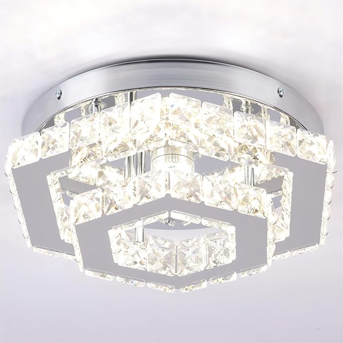 Modern Crystal Chandelier LED Flush Mount Ceiling Light Hexagonal Pendant Lamp Fixture 3 Color Changing Ceiling Light for Bedroom Hallway Bar Living Room Bathroom