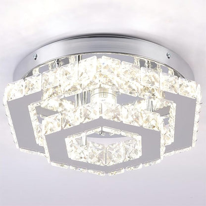 Modern Crystal Chandelier LED Flush Mount Ceiling Light Hexagonal Pendant Lamp Fixture 3 Color Changing Ceiling Light for Bedroom Hallway Bar Living Room Bathroom