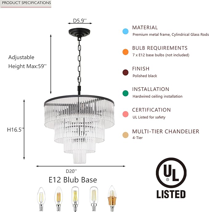 Modern Multi-Tier Crystal Chandelier 4-Tier Round Black Finish Ceiling Light -Cylindrical Glass Rods -Dining Room Living Room Bedroom Entryway -Luxury Lighting Fixture 20''