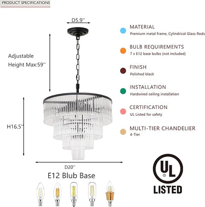 Modern Multi-Tier Crystal Chandelier 4-Tier Round Black Finish Ceiling Light -Cylindrical Glass Rods -Dining Room Living Room Bedroom Entryway -Luxury Lighting Fixture 20''