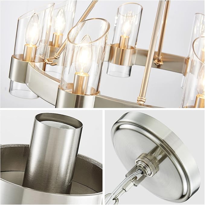 WUZUPS Wagon Wheel Chandelier 8-Light with Clear Glass Industrial Modern Farmhouse Round Light Fixture for Dining Room Kithen Island Foyer, Width 26" Height 22", Nickel